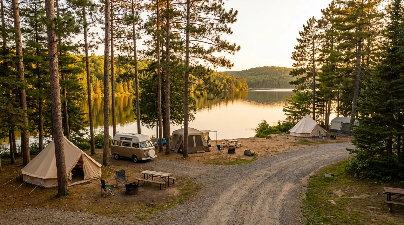 A lakeside drive-in campground with tents and a camper among tall red pines on a sandy shoreline, a calm lake and forested Shield hills beyond in warm late-afternoon light, Lake of Two Rivers area Algonquin Provincial Park Ontario, ultrarealistic photograph representative of the region