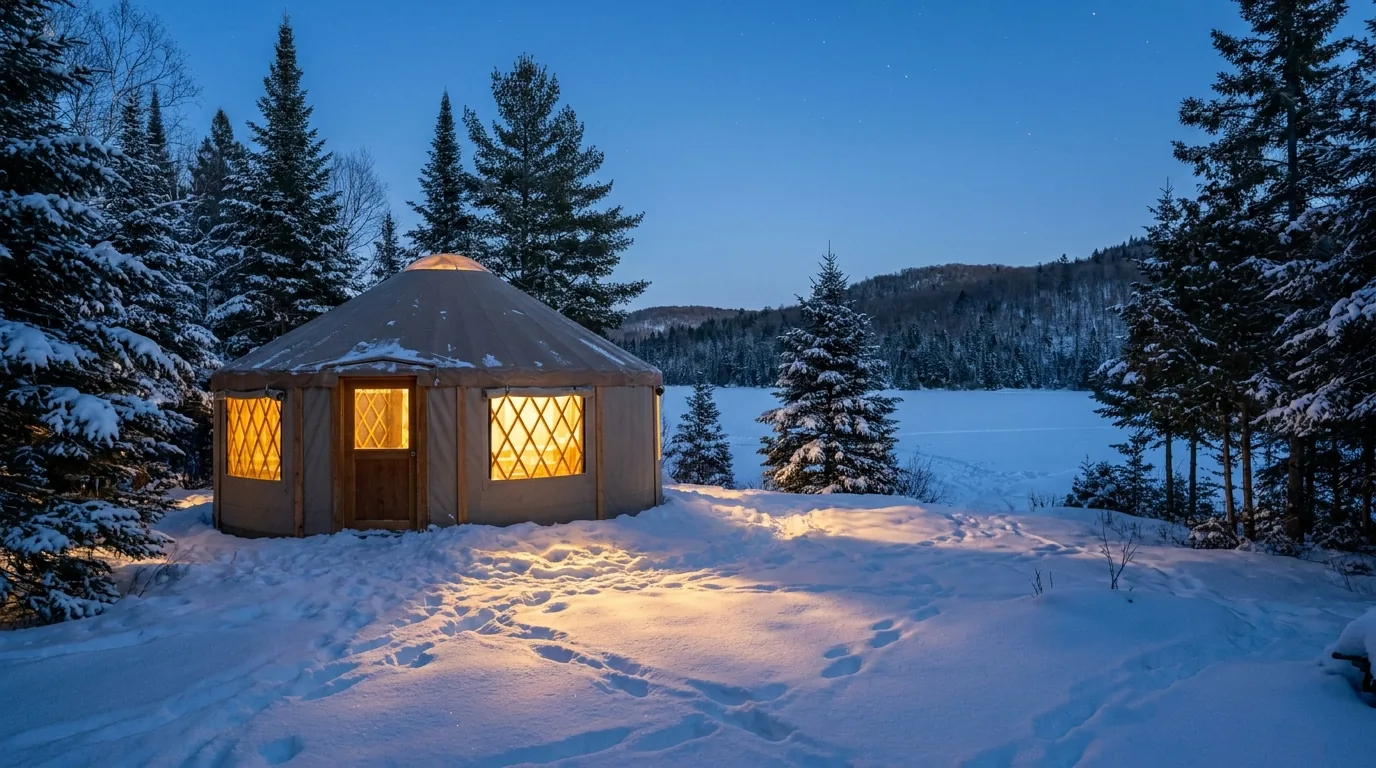 A fabric octagonal yurt in winter with warm light glowing from the windows, deep fresh snow and snow-laden spruce and pine trees, a frozen lake and forested Shield hills beyond at blue-hour dusk, Mew Lake Algonquin Provincial Park Ontario, ultrarealistic photograph representative of the region