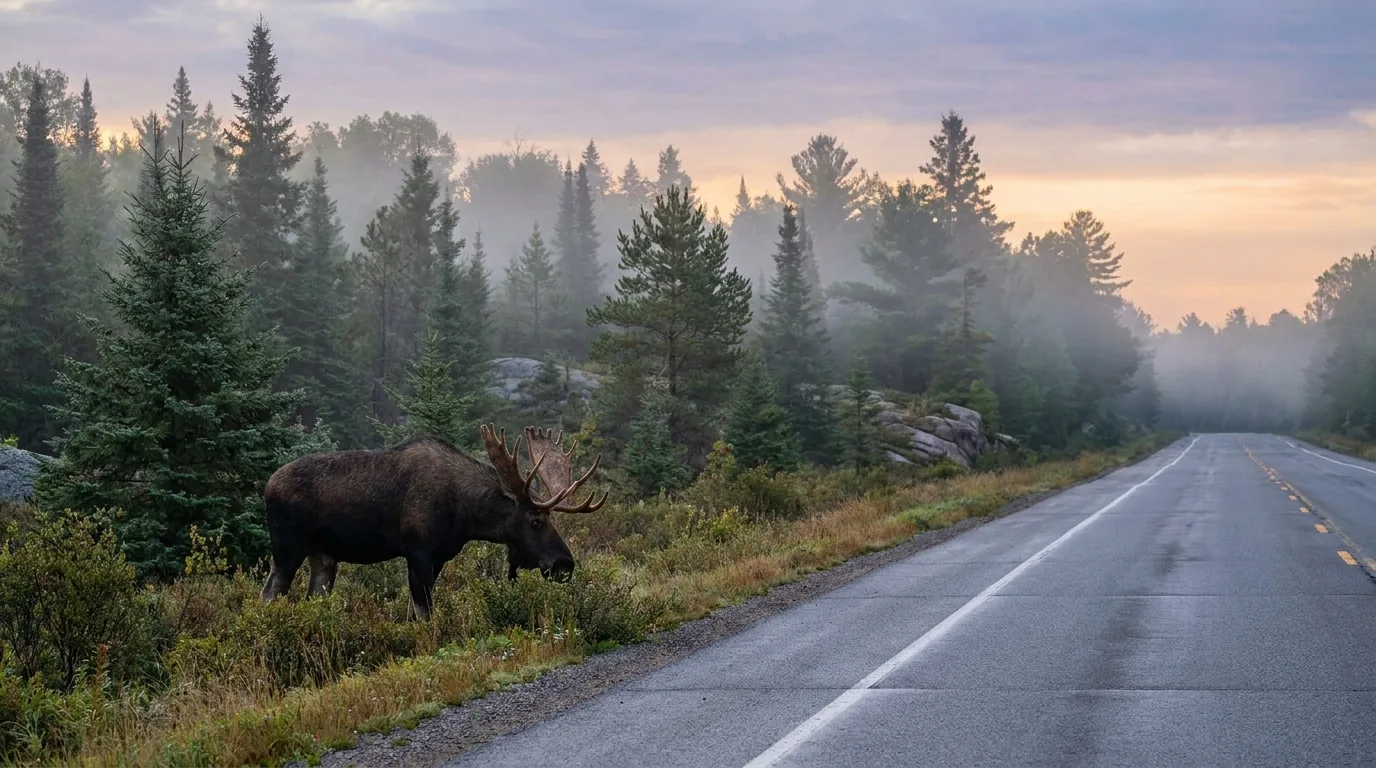 A large bull moose feeding on roadside vegetation at the edge of a highway through boreal forest at dawn, mist and spruce trees behind, Algonquin Provincial Park Ontario, ultrarealistic photograph representative of the region