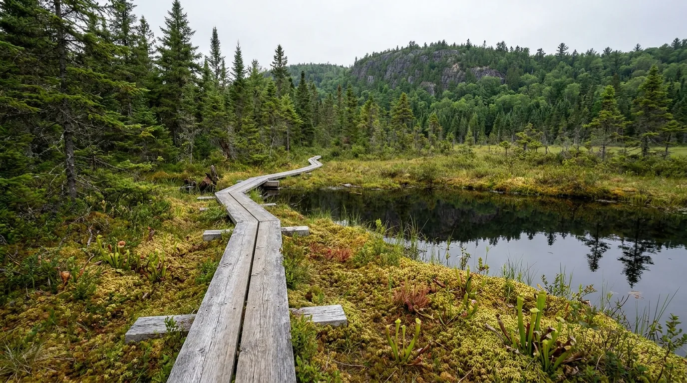 A wooden boardwalk winding through a black spruce bog with low tamarack, sphagnum moss and still dark water, a forested Shield ridge behind under soft overcast light, Algonquin Provincial Park Ontario, ultrarealistic photograph representative of the region