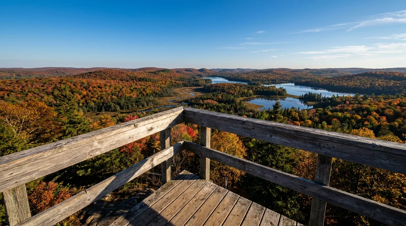 A vast wild expanse of endless forested Canadian Shield hills, a spruce bog valley and distant lakes stretching to the horizon under a big autumn sky, seen from a viewing deck, Algonquin Provincial Park Ontario, ultrarealistic photograph representative of the region