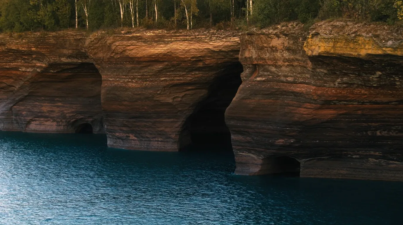 Sandstone sea caves at the waterline of Lake Superior with arched chambers cut into red rock cliffs, clear cold water below and dark boreal forest on the clifftop, Apostle Islands National Lakeshore Wisconsin, ultrarealistic photograph representative of the region