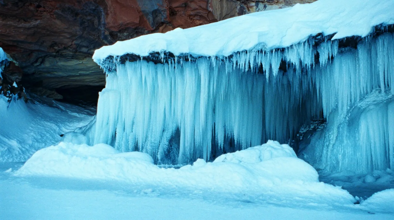 Thick pale blue ice formations, frozen curtains and columns hanging from a red sandstone shoreline cliff above a frozen Lake Superior, snow and low winter light, Apostle Islands Wisconsin, ultrarealistic photograph representative of the region
