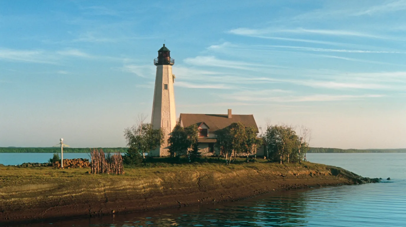 A white nineteenth-century lighthouse tower with a keeper house on a wooded Lake Superior island headland, weathered stone and clapboard, cold blue water and open horizon beyond, Apostle Islands Wisconsin, ultrarealistic photograph representative of the region