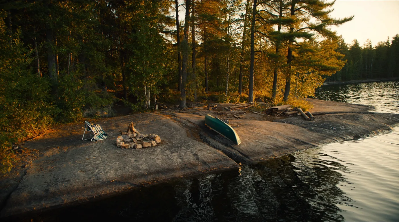 A calm small Northwoods lake at golden hour ringed with pine and birch, a canoe drawn up on the shore, still reflective water and no development on the far bank, northern Wisconsin, ultrarealistic photograph representative of the region