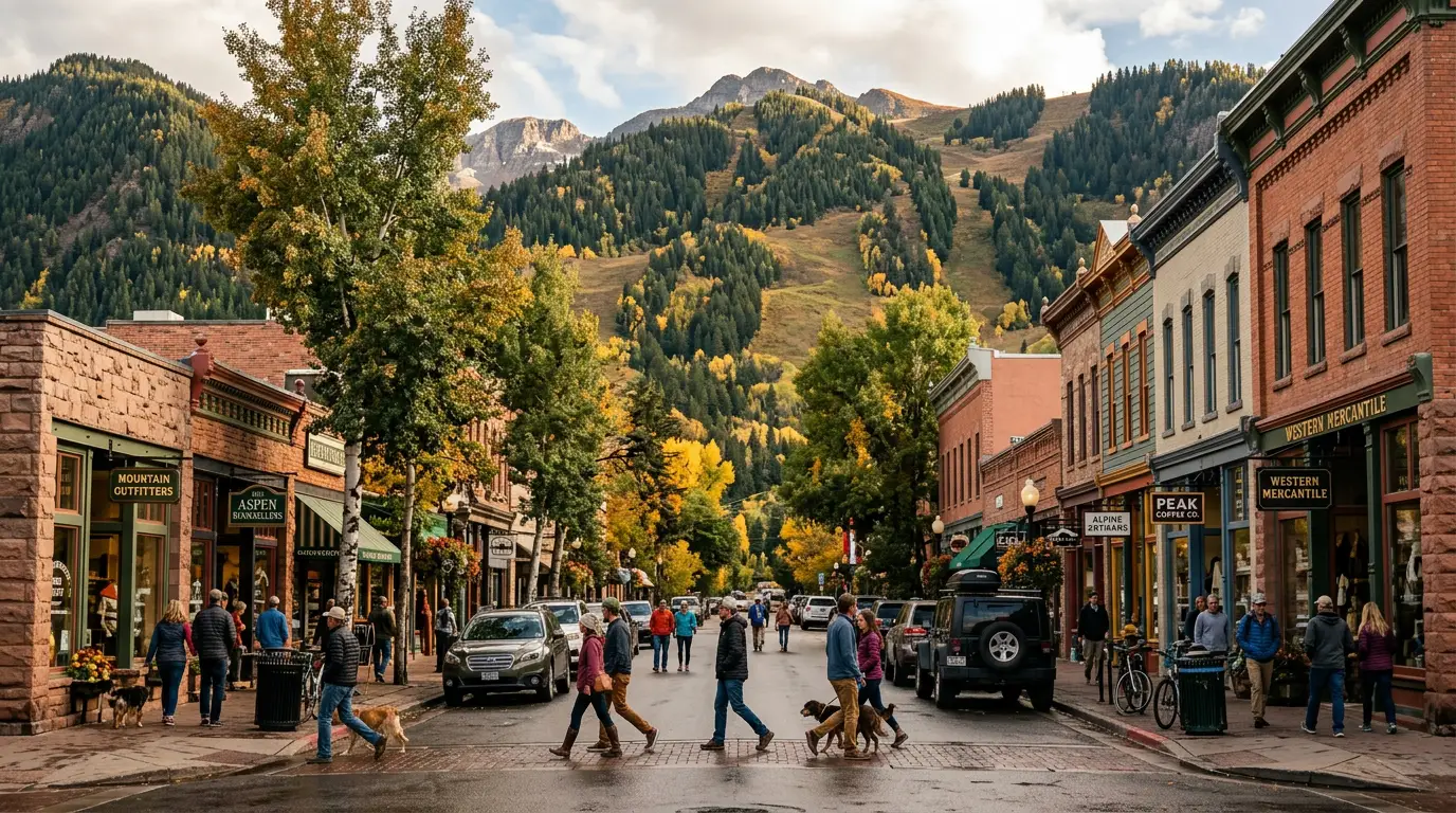 A compact mountain town of brick and Victorian storefronts along a tree-lined street with steep forested peaks rising close behind, warm afternoon light, Aspen Colorado, ultrarealistic photograph representative of the region