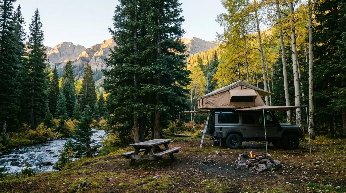 An overland rig with a rooftop tent at a quiet forested campsite among tall spruce and aspen beside a rushing creek, mountains catching low golden light beyond the trees, Elk Mountains Colorado, ultrarealistic photograph representative of the region