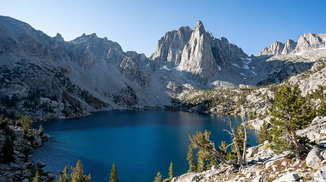 A deep blue alpine lake in a rock cirque beneath a jagged spired peak, talus slopes and a few wind-stunted pines around the shore, cold clear high-altitude light, Cathedral Lake near Aspen Colorado, ultrarealistic photograph representative of the region