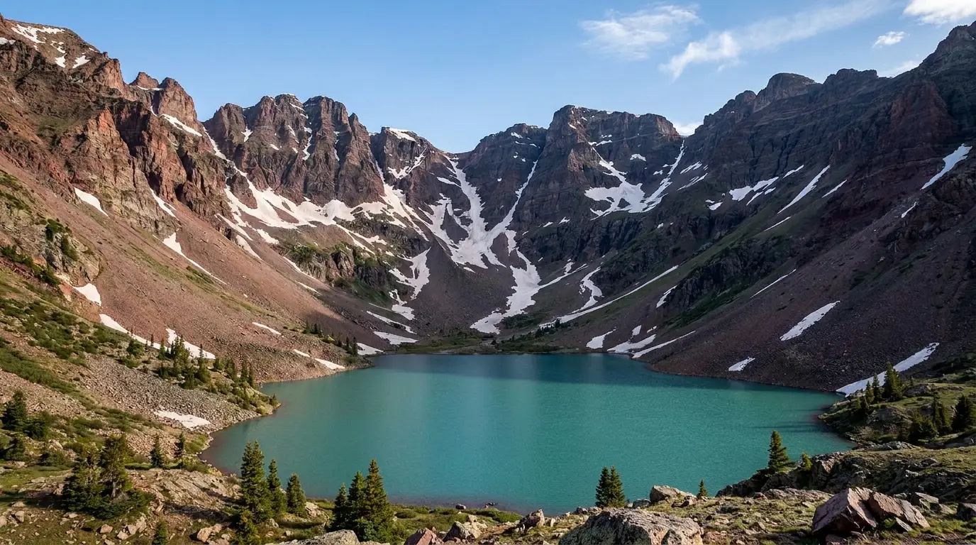 A rocky alpine basin lake below sheer dark-red mountain walls with talus fields and scattered pines, cold clear morning light and snow high on the peaks, Crater Lake below Maroon Bells Colorado, ultrarealistic photograph representative of the region