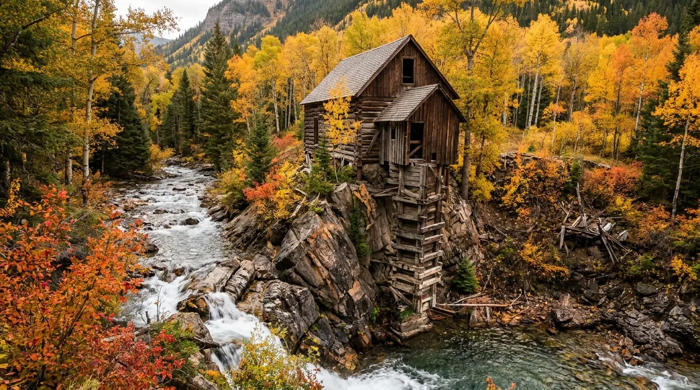 A weathered wooden mill building perched on a rock ledge above a rushing river and small waterfall, surrounded by autumn forest and a canyon wall, Crystal Mill near Marble Colorado, ultrarealistic photograph representative of the region