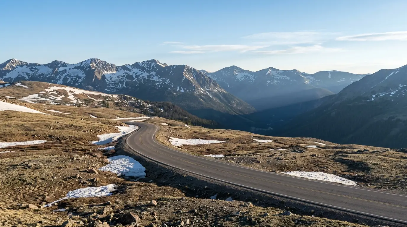 A narrow paved mountain road with no guardrail switchbacking across bare alpine tundra near a high summit, snow patches and distant jagged peaks under a wide cold sky, Independence Pass Colorado, ultrarealistic photograph representative of the region