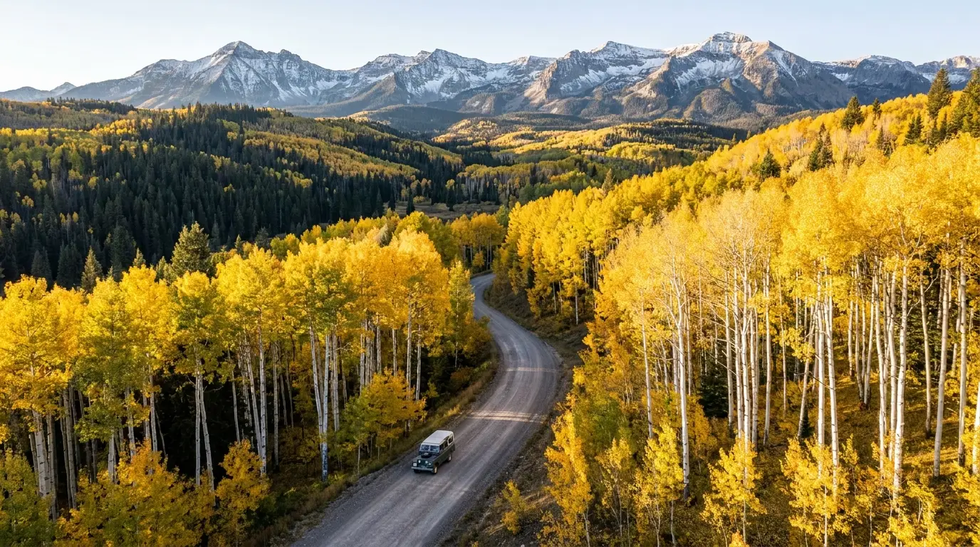 A gravel road winding through an immense grove of golden aspen trees with white trunks, autumn leaves glowing against dark evergreens and a mountain ridge behind, Kebler Pass Colorado, ultrarealistic photograph representative of the region