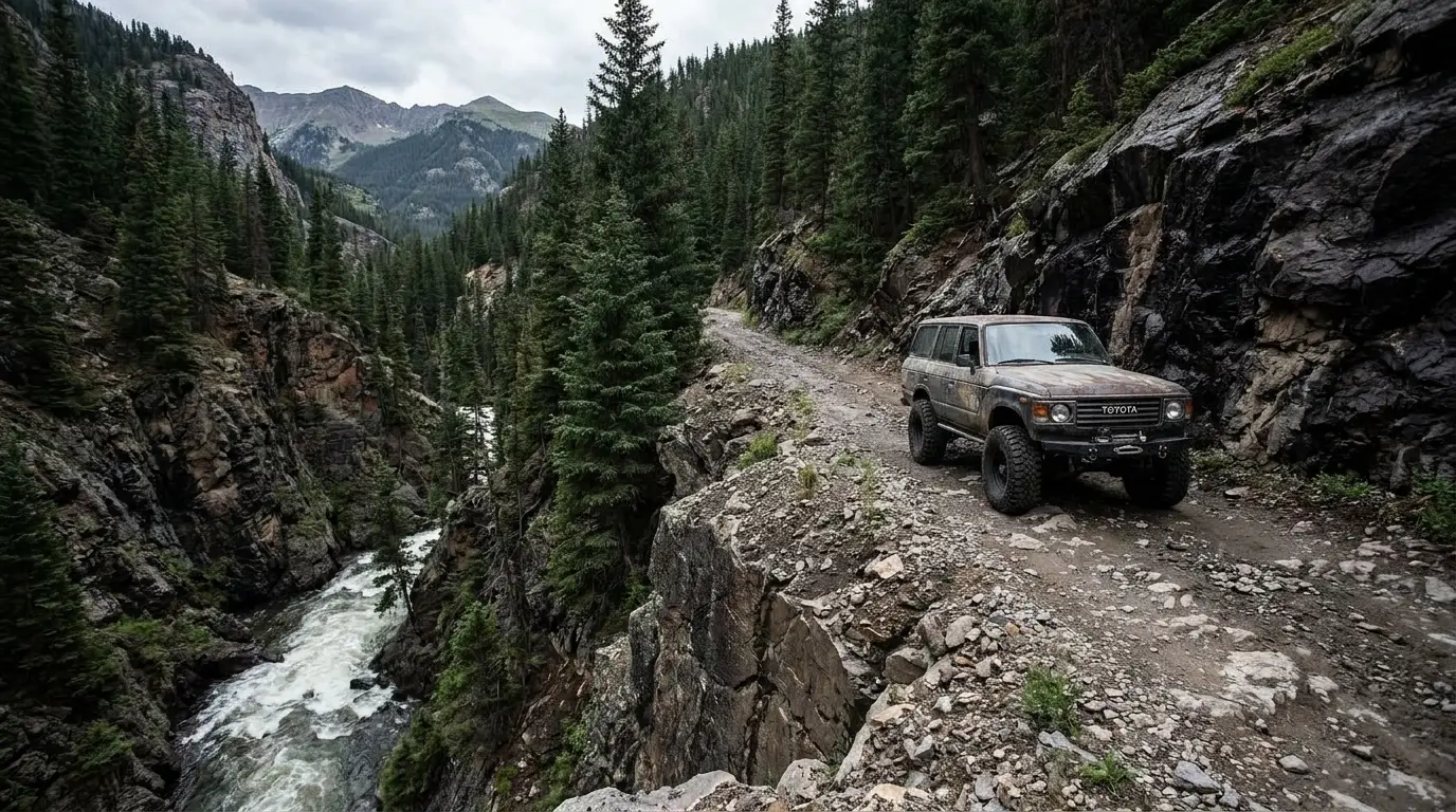 A narrow rocky one-lane shelf road cut into a steep mountainside above a river gorge with no guardrail and a sheer drop, a lone 4x4 vehicle picking its way along, dark timber and cliffs, Lead King Basin near Marble Colorado, ultrarealistic photograph representative of the region