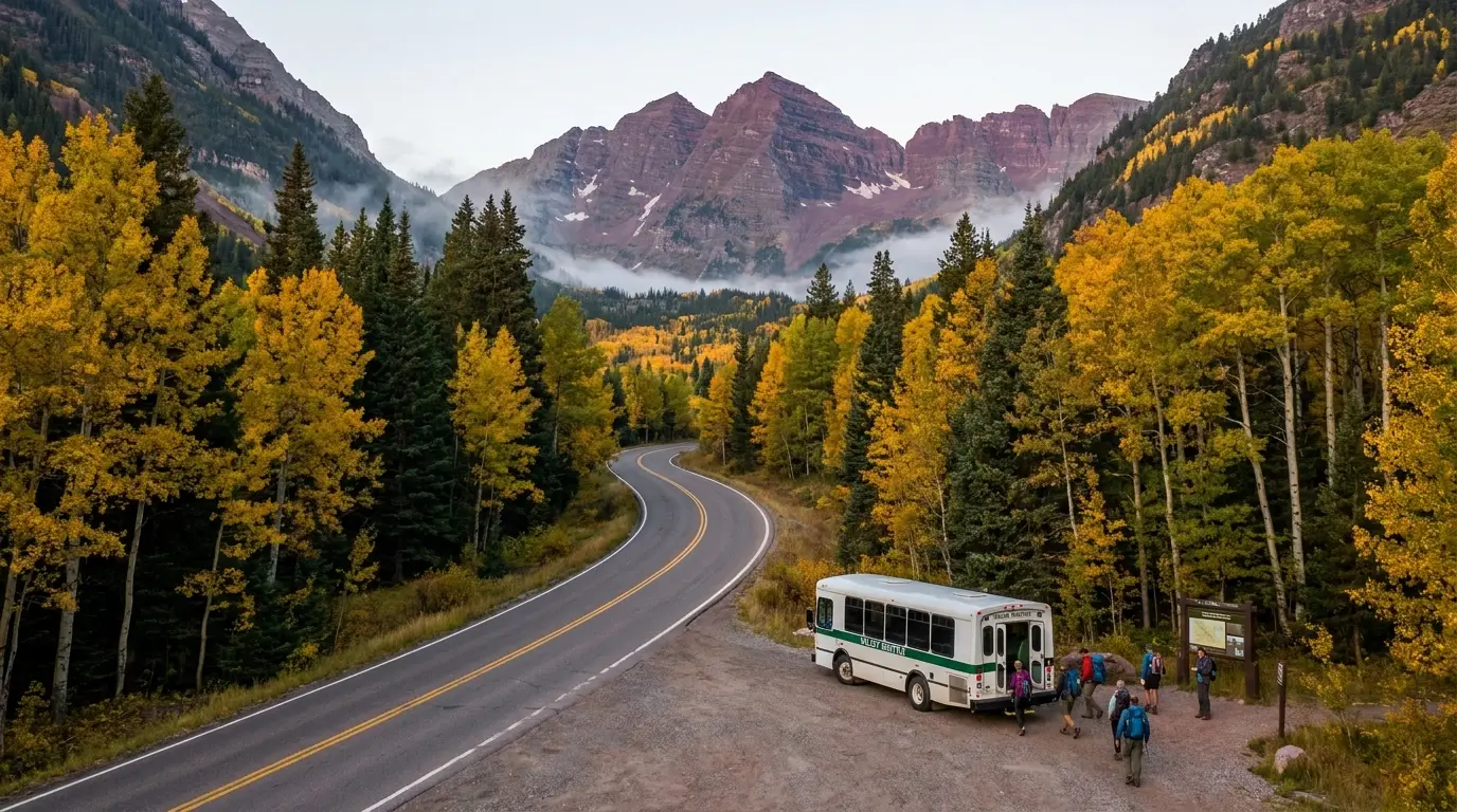 A paved mountain road winding up a forested valley toward twin dark-red peaks, a shuttle bus pulled over and hikers with day packs at a trailhead, early morning light, Maroon Creek Road Colorado, ultrarealistic photograph representative of the region