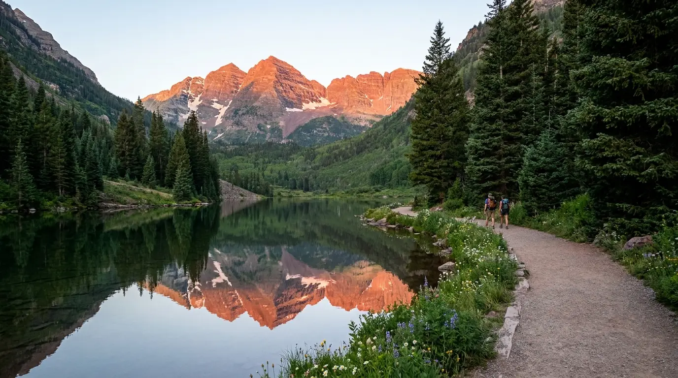 A calm alpine lake mirroring twin dark-red snow-streaked peaks under soft dawn light, spruce forest and a gravel shoreline path in the foreground, Maroon Lake and the Maroon Bells Colorado, ultrarealistic photograph representative of the region