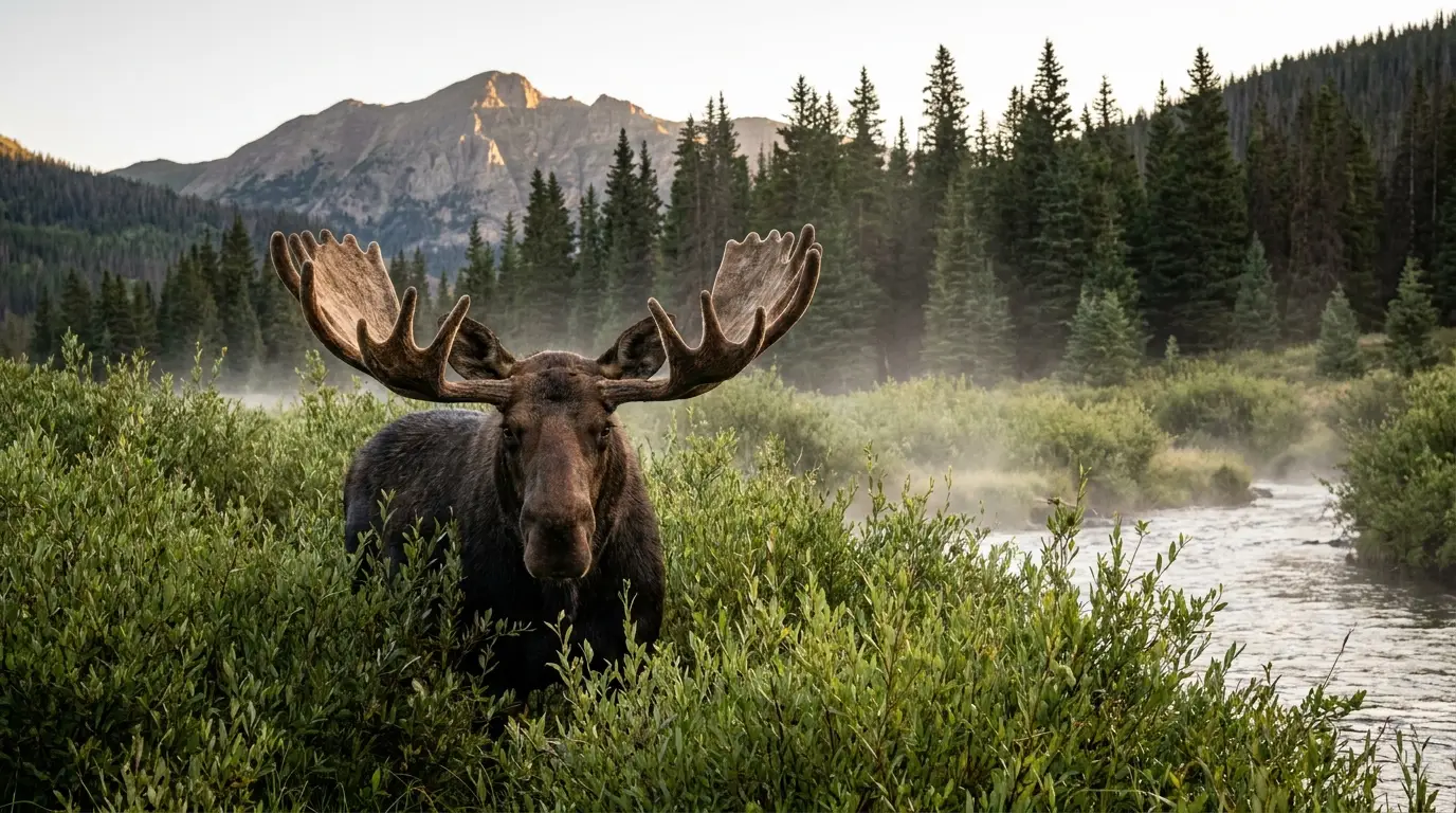 A large bull moose standing chest-deep in dense green willow brush along a mountain creek at dawn, dark forest and a peak behind, Colorado high country, ultrarealistic photograph representative of the region