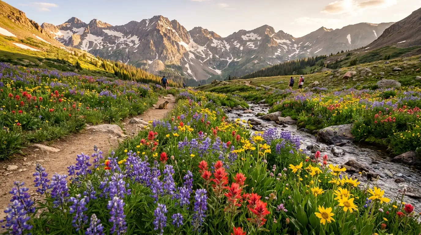 A high mountain meadow densely carpeted with purple, red and yellow wildflowers under jagged peaks, summer afternoon light, Crested Butte Colorado, ultrarealistic photograph representative of the region