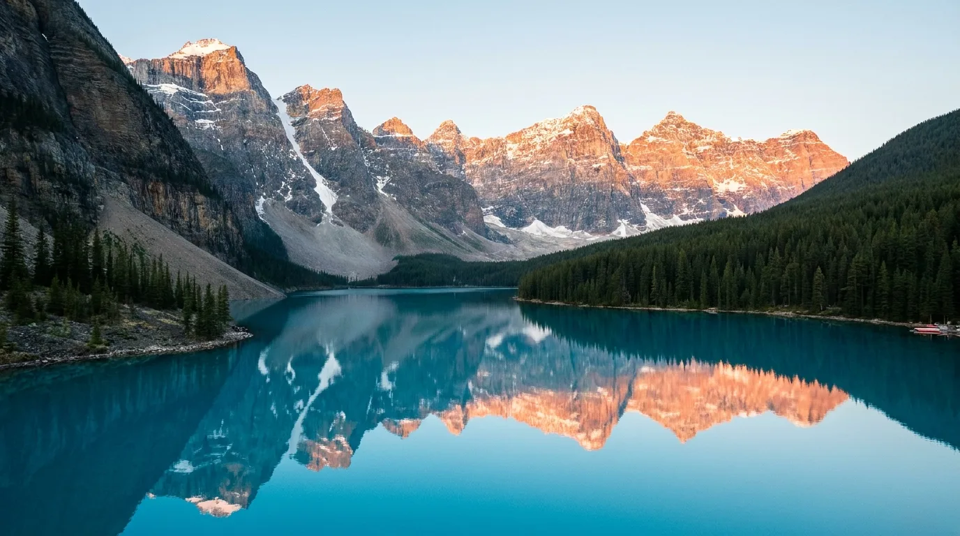 Moraine Lake and the Valley of the Ten Peaks at sunrise, turquoise glacier-fed water below jagged snow-dusted peaks, seen from the Rockpile viewpoint, Banff National Park
