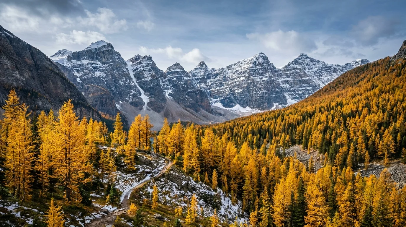 Larch Valley in autumn, golden alpine larch trees on the slopes below the sharp snow-dusted Ten Peaks, the trail climbing toward Sentinel Pass, Banff National Park