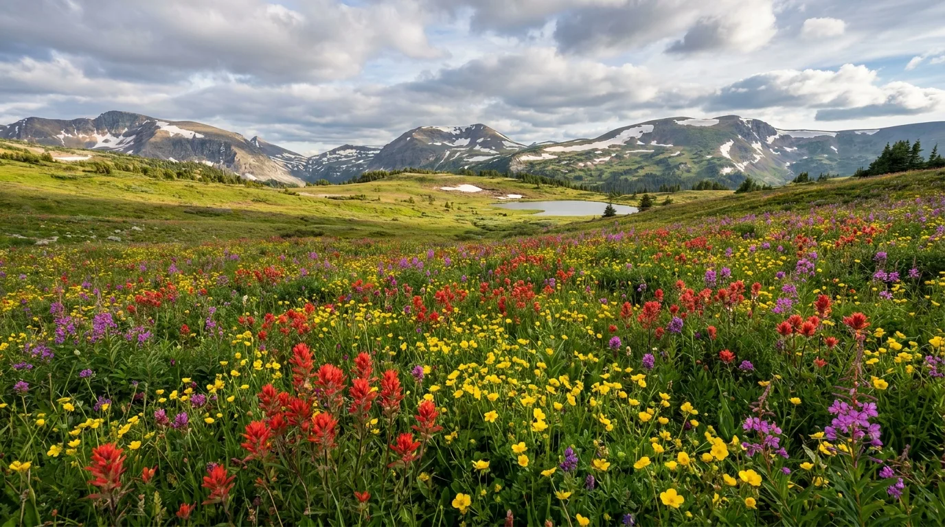 Sunshine Meadows in summer, rolling alpine meadows carpeted with wildflowers below Cascade peaks straddling the Continental Divide, Banff National Park