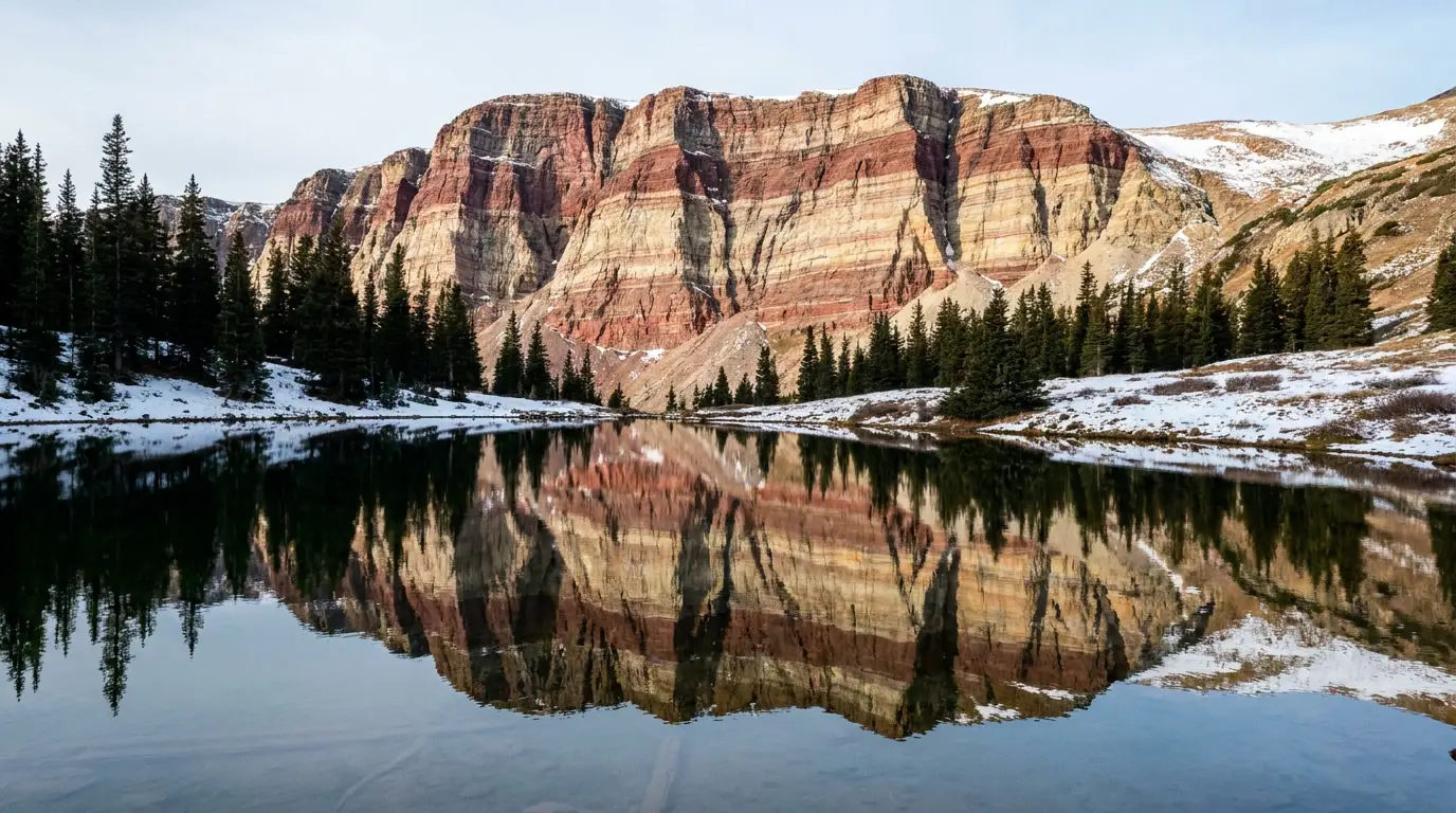 A clear glacial lake reflecting a tall layered red-and-cream cliff face, dark conifers along the shoreline and snow patches on the surrounding tundra under bright alpine light, Beartooth Lake and Beartooth Butte Wyoming, ultrarealistic photograph representative of the region