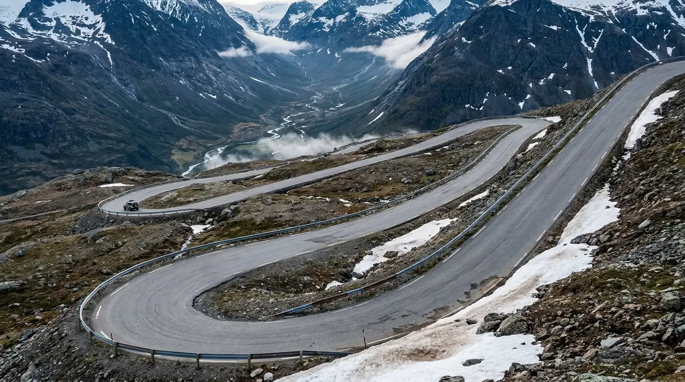 A series of tight paved switchbacks climbing a steep tundra headwall above a deep glacial valley, guardrails and lingering snow along the road edge, distant peaks under cold clear light, Beartooth Highway Montana, ultrarealistic photograph representative of the region