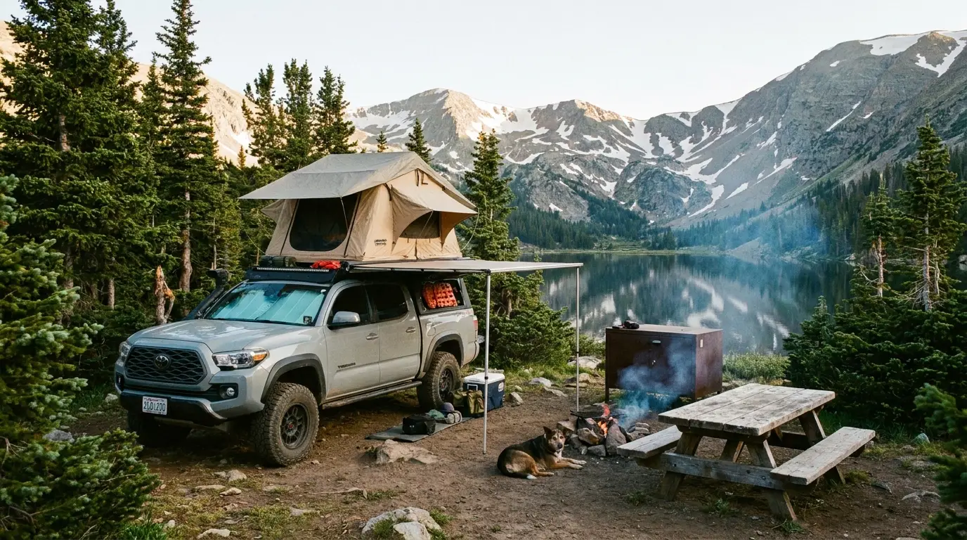 An overland rig with a rooftop tent and awning at a quiet high-country campsite among wind-stunted conifers beside a cold alpine lake, a steel bear box and picnic table alongside, low golden light, Beartooth Plateau campground, ultrarealistic photograph representative of the region