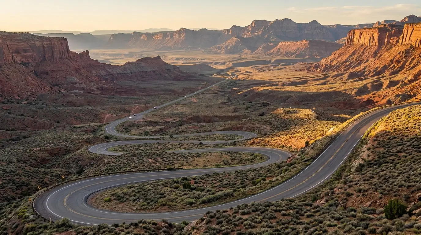 A paved highway descending a series of switchbacks off a high sagebrush pass into a broad basin with red rock canyons and distant mountains, warm afternoon light, Chief Joseph Scenic Byway Dead Indian Pass Wyoming, ultrarealistic photograph representative of the region
