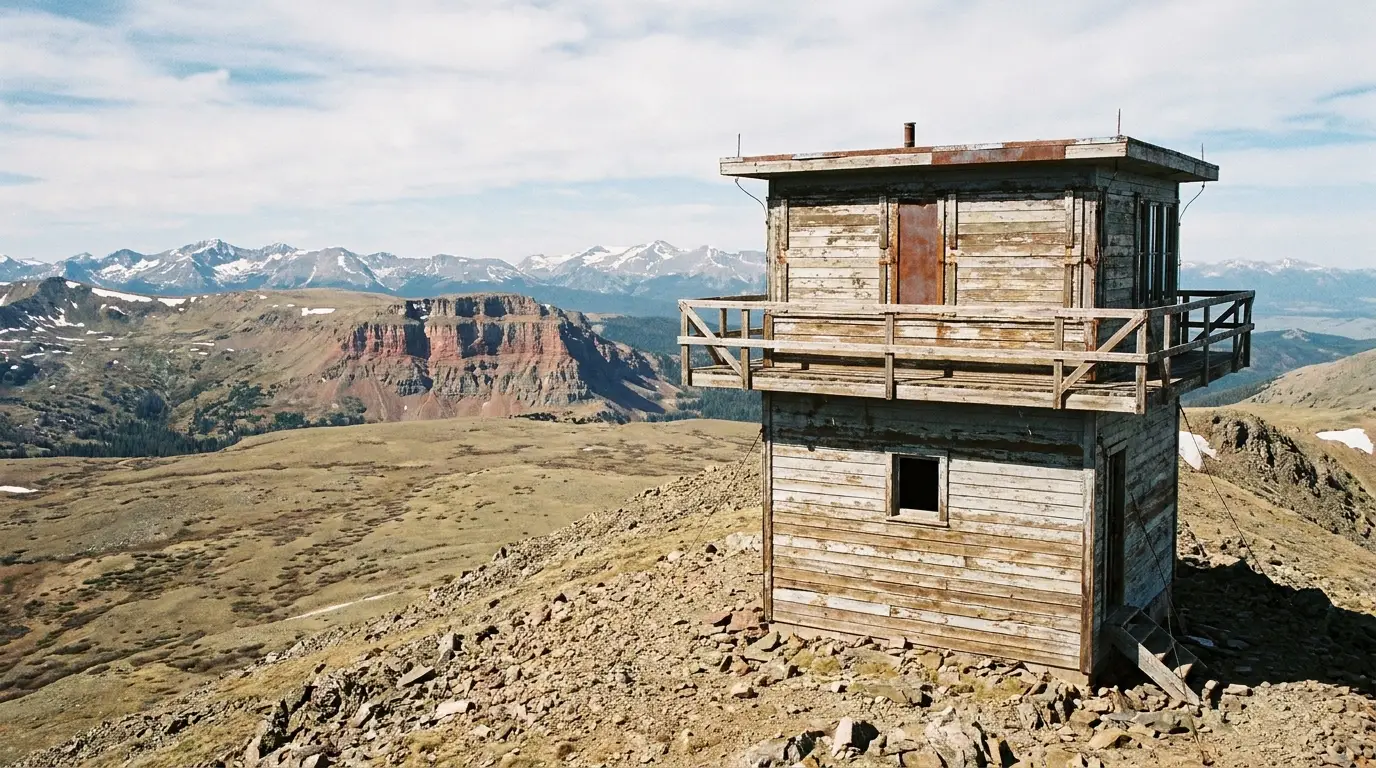 A weathered wooden fire lookout tower on a bare high ridge with an outdoor observation deck, sweeping views over tundra and a layered cliff-faced butte to distant snow-streaked ranges, Clay Butte Lookout Wyoming, ultrarealistic photograph representative of the region
