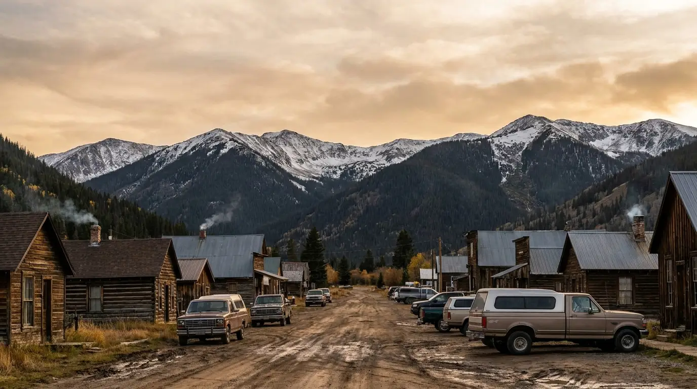 A small high-mountain town of low wooden buildings and a single main street ringed by dark forested peaks with snow on the summits, pickup trucks parked along the road under soft evening light, Cooke City Montana, ultrarealistic photograph representative of the region