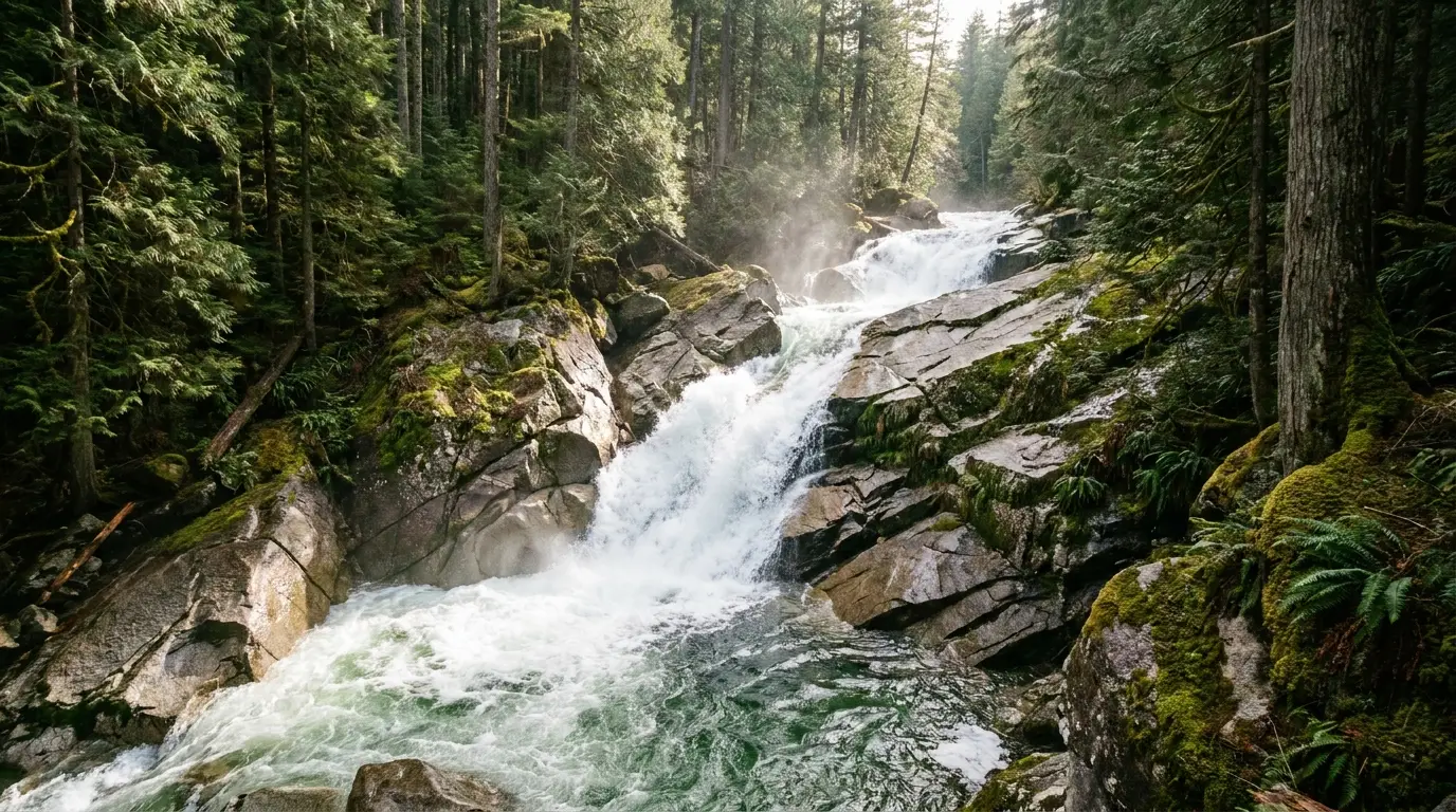 A long powerful whitewater cascade tumbling over broad granite slabs through dark conifer forest, spray and green pools, dappled morning light, Crazy Creek Falls Wyoming, ultrarealistic photograph representative of the region