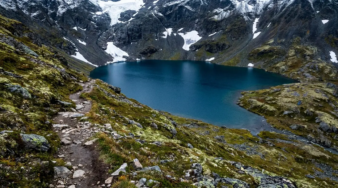 A small deep-blue alpine lake cupped in a treeless tundra bowl below a rocky pass, a faint trail dropping steeply toward the water and snowfields on the surrounding slopes under cold clear light, Gardner Lake Beartooth Plateau Wyoming, ultrarealistic photograph representative of the region