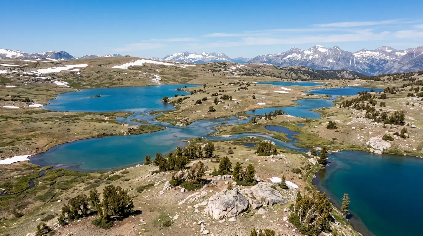A cluster of clear alpine lakes scattered across a rolling tundra plateau dotted with wind-stunted conifers and granite outcrops, snow patches and distant peaks under a wide blue sky, Island Lake and the Beartooth High Lakes Wyoming, ultrarealistic photograph representative of the region