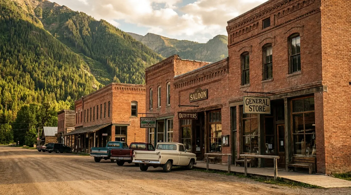 A historic western main street of two-storey brick storefronts and hanging shop signs beneath steep forested mountains, angled parking and warm afternoon light, Red Lodge Montana Broadway, ultrarealistic photograph representative of the region