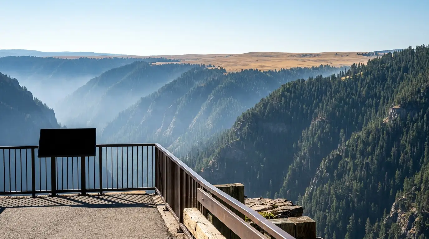 A paved railed overlook platform on the edge of a deep glacial canyon, layered forested ridges dropping away toward a broad high plateau under bright alpine light, Rock Creek Vista Point Beartooth Highway Montana, ultrarealistic photograph representative of the region