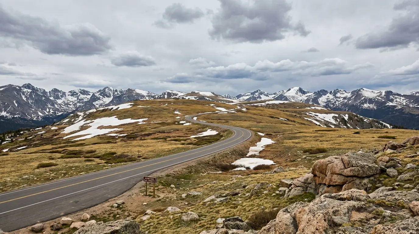 A broad treeless alpine pass of golden and green tundra with patches of snow, a paved road curving over the crest and jagged snow-streaked peaks beyond under a big cold sky, Beartooth Pass West Summit Wyoming, ultrarealistic photograph representative of the region