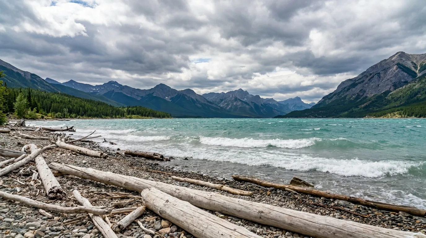 The teal water and windswept shoreline of Abraham Lake reservoir at Preacher's Point in summer, front ranges behind, ultrarealistic landscape photograph