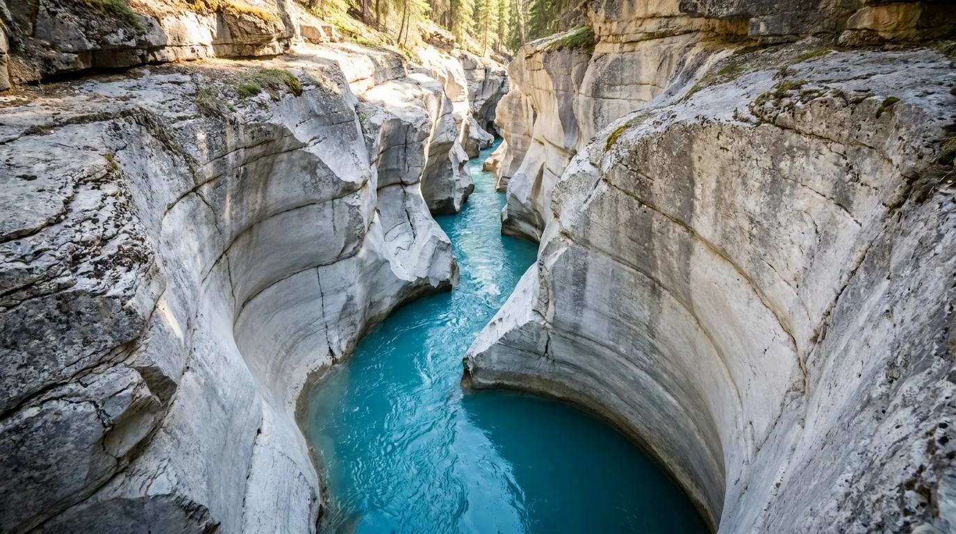 The Cline River cutting a narrow turquoise slot through pale limestone walls with unguarded rim viewpoints, David Thompson Country, ultrarealistic landscape photograph