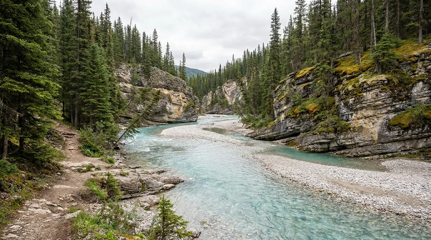 Coral Creek canyon with turquoise water cutting through a narrow limestone gorge, an unbridged crossing point, ultrarealistic landscape photograph