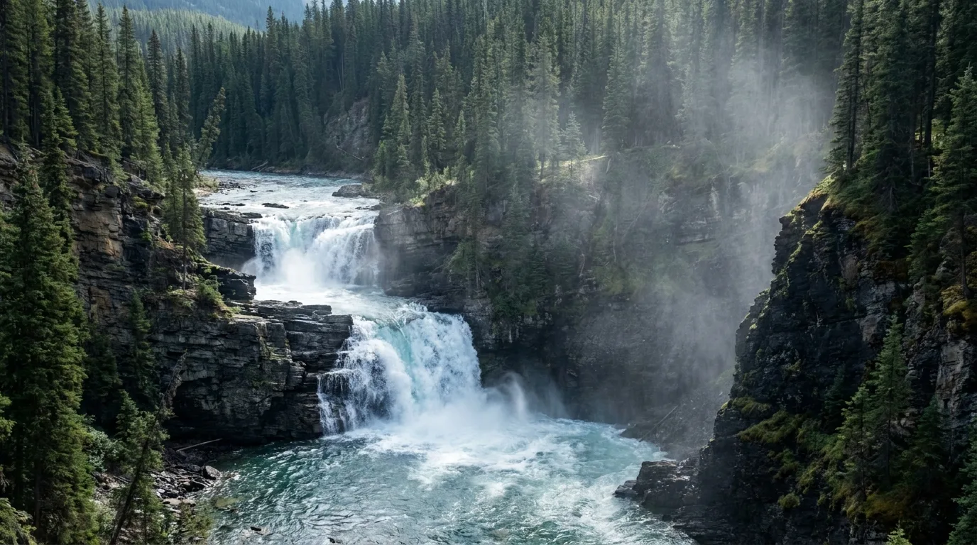 The two-tiered Crescent Falls dropping into the Bighorn River gorge, forested canyon walls, ultrarealistic landscape photograph