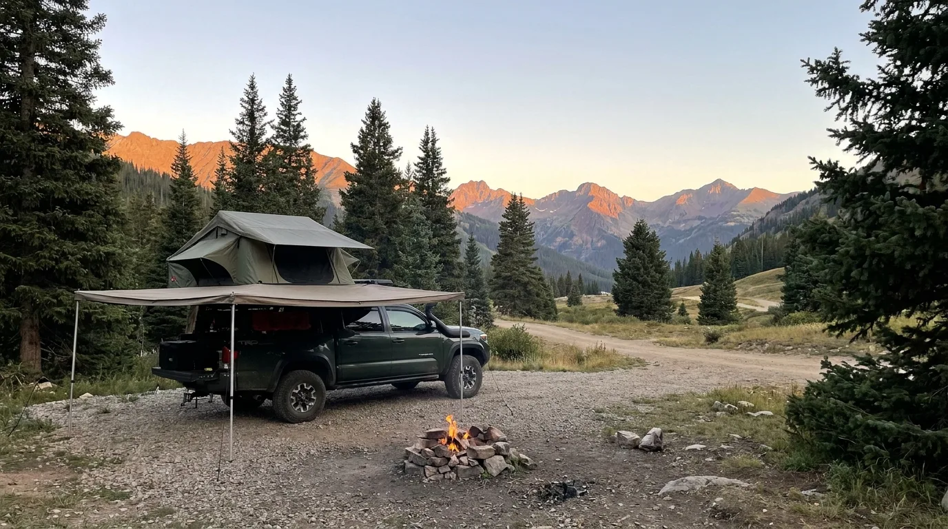A free Crown-land campsite with an overland rig and awning on a gravel spur beside the David Thompson corridor at golden hour, front ranges behind, ultrarealistic landscape photograph