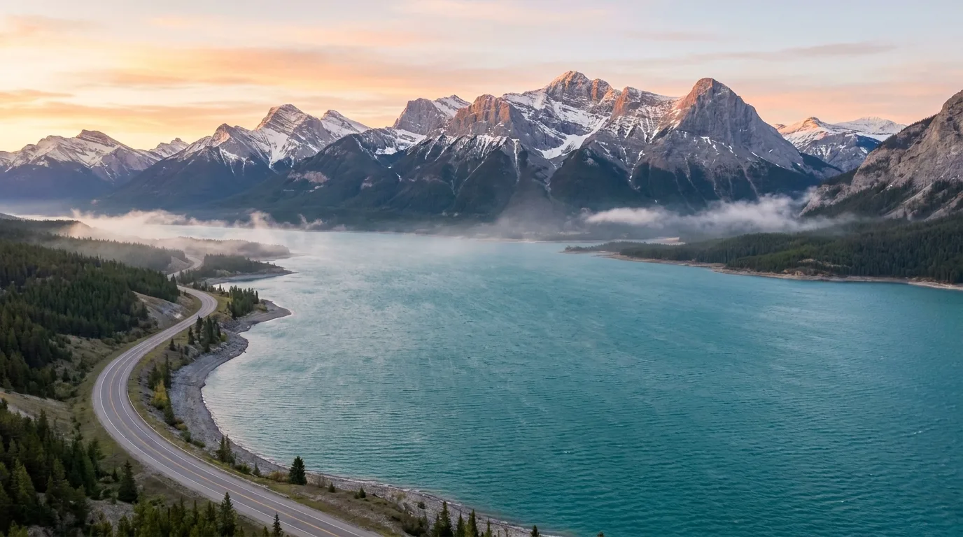 The turquoise water of Abraham Lake below the limestone front ranges along the David Thompson Highway at dawn, Bighorn Country Alberta, ultrarealistic landscape photograph