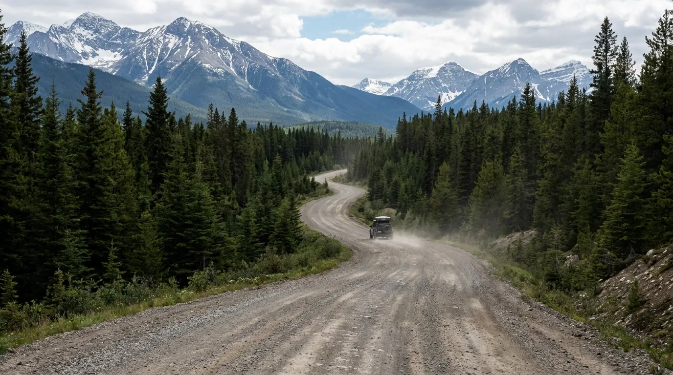 The gravel Forestry Trunk Road winding south through forested foothills below the front ranges, dust behind a rig, ultrarealistic landscape photograph
