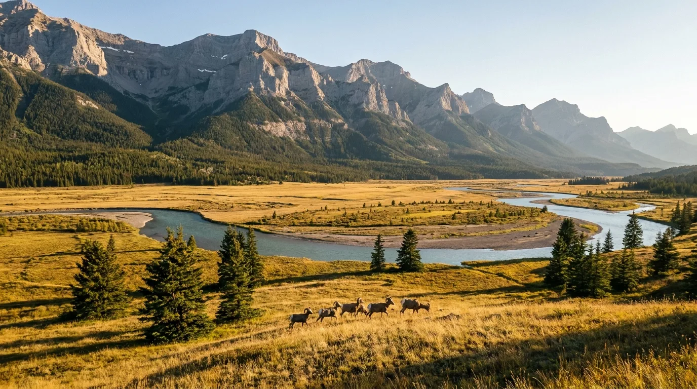 The open grasslands of the Kootenay Plains along the North Saskatchewan River under the limestone front ranges, bighorn sheep grazing, ultrarealistic landscape photograph