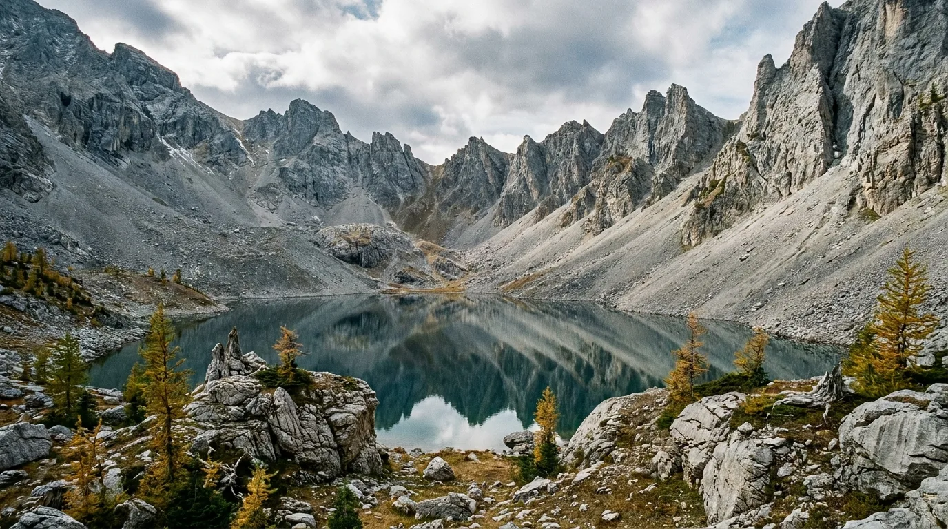 A remote alpine lake below scree slopes and limestone peaks at the top of a strenuous big-gain trail near the Banff boundary, ultrarealistic landscape photograph