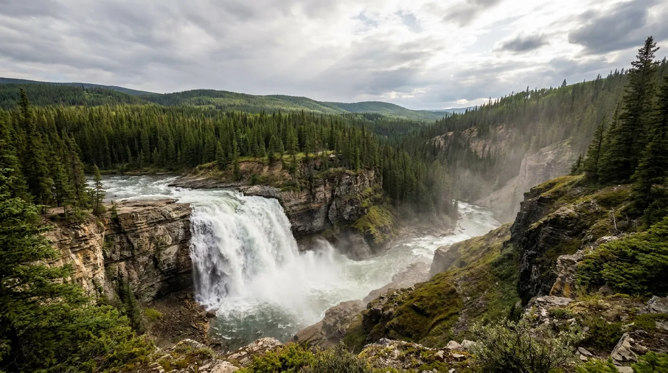 Ram Falls plunging over a rock escarpment into a canyon on the Ram River, forested foothills, ultrarealistic landscape photograph