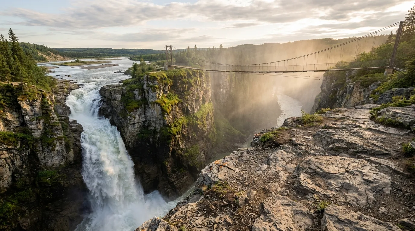 Siffleur Falls dropping into a deep narrow slot canyon with no railings, North Saskatchewan River suspension bridge nearby, ultrarealistic landscape photograph