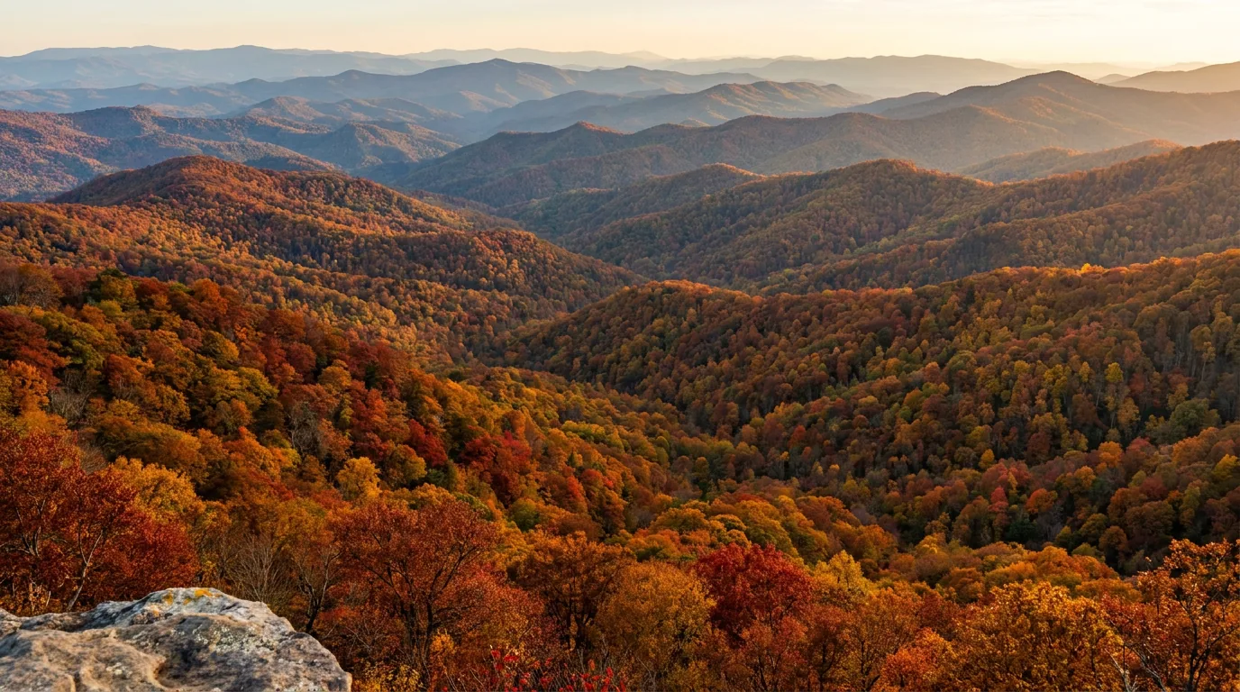 Endless layered Appalachian ridgelines at peak autumn colour, deep reds oranges and golds in the near forest fading to blue haze in the far ridges, seen from a high overlook, ultrarealistic photograph representative of the region