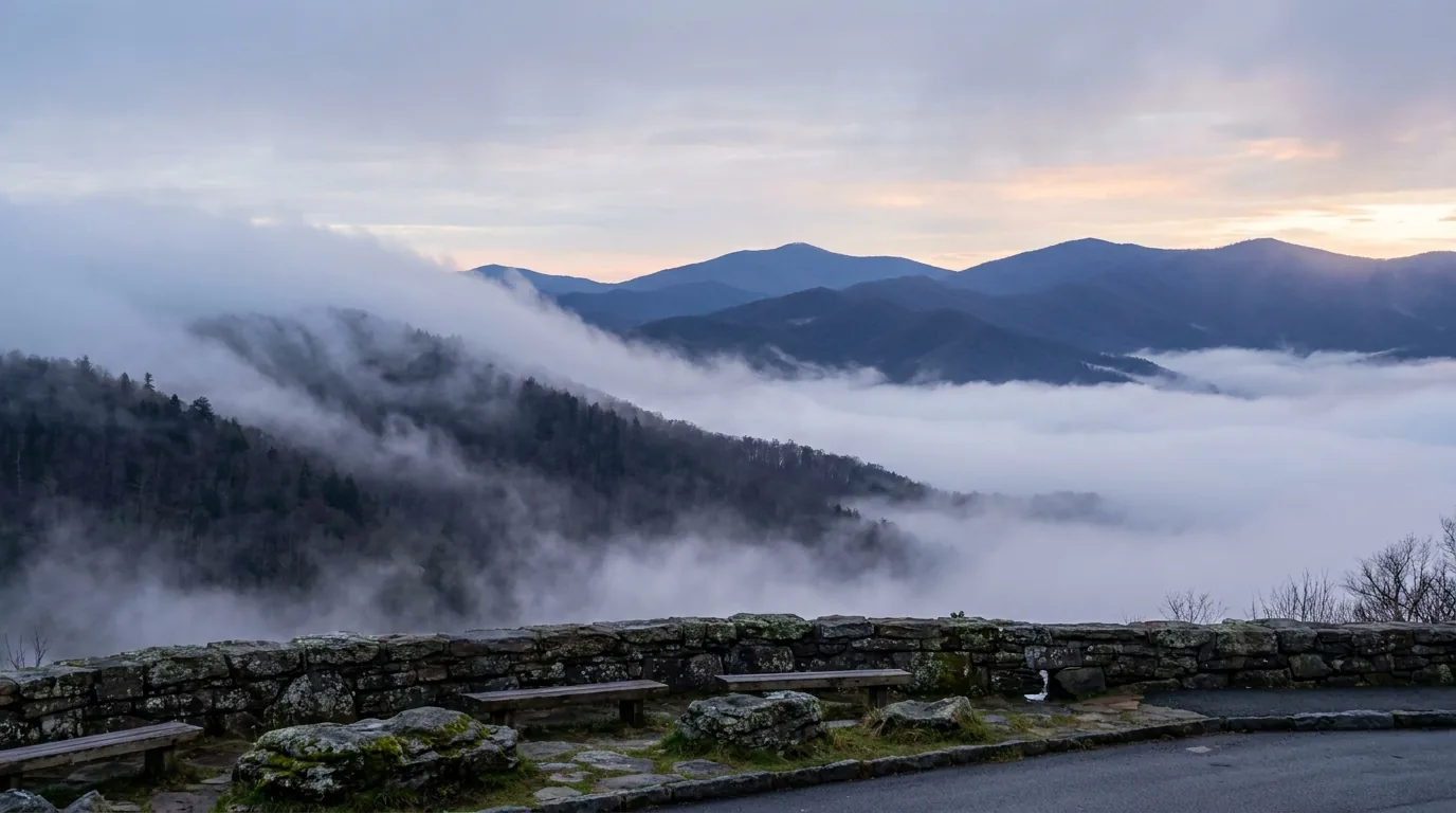 A stone-walled roadside overlook with fog pouring over the ridge and filling the valley below, only the tops of layered blue ridgelines visible above the cloud, southern Appalachians, ultrarealistic photograph representative of the region