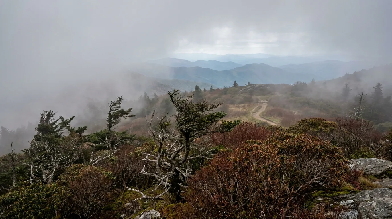 A windswept open heath bald with gnarled twisted stunted trees and dense rhododendron thickets in drifting fog, layered blue ridgelines glimpsed through the mist, ultrarealistic photograph representative of the region